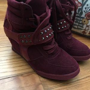 Maroon heeled high tops. 3” heel